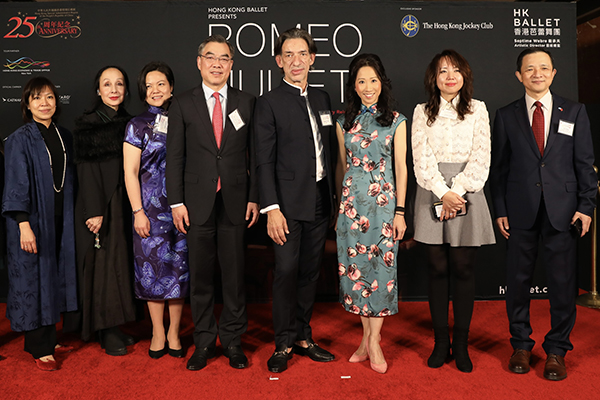  Attended by over 400 guests from the government, diplomatic, academic and business circles, as well as the art and cultural community, the opening reception also celebrated the imminent arrival of the Year of the Rabbit. Photo shows (from left) the Executive Director of the Hong Kong Ballet, Ms Heidi Lee; Board Member of the Hong Kong Ballet Ms Lindzay Chan; the Deputy Secretary for Culture, Sports and Tourism, Mrs Vicki Kwok; the Consul-General of the People's Republic of China in New York, Mr Huang Ping; the Artistic Director of the Hong Kong Ballet, Mr Septime Webre; the Director of the Hong Kong Economic and Trade Office, New York, Ms Candy Nip; the Director of Asian Affairs of New York State Governor's Office, Ms Elaine Fan; and the Deputy Permanent Representative and Ambassador Extraordinary and Plenipotentiary of the People's Republic of China to the United Nations, Mr Dai Bing at the event.