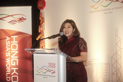 1 The Hong Kong Economic and Trade Office in New York (HKETONY) hosted its spring reception in New York on February 15 to celebrate the Year of the Dragon. Photo shows the Director of HKETONY, Ms Maisie Ho, delivering welcome remarks.</subcaption>
</image>