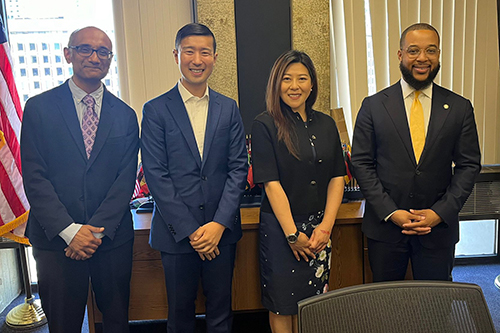 1 The Director of HKETONY, Maisie Ho, reinforced the bilateral ties between Hong Kong and Boston during her duty visit to Boston, Massachusetts. Photo shows Ms Ho (second right) with officials from the Mayor's Office of Boston during a meeting on June 10 (Boston time): Senior Advisor for Partnerships, Stephen Chan (second left) and the Chief of Economic Opportunity and Inclusion, Segun Idowu (first right). Also attending the meeting is the Head of Business and Talent Attraction / Investment Promotion of the HKETONY, Ranjit Unnithan (first left).