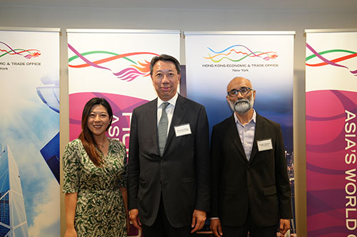 (From left to right): Director of HKETONY Maisie Ho, President (International) of Standard Chartered Bank and Chairman of the Hong Kong Financial Services Development Council Benjamin Hung, and Head of Business and Talent Attraction / Investment Promotion of Invest Hong Kong Ranjit Unnithan at the "Rethinking Hong Kong's Playbook" luncheon event on May 19.